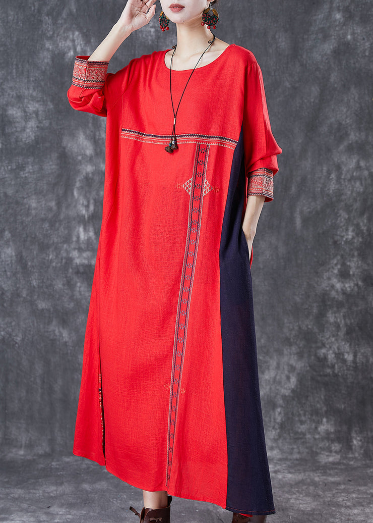 Red Patchwork Linen Maxi Dresses Embroidered Spring