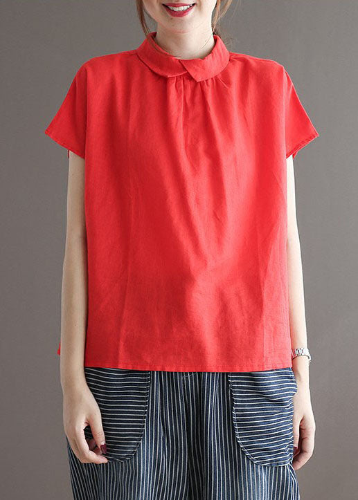 Red Patchwork Linen Shirts Tops Peter Pan Collar Button Summer