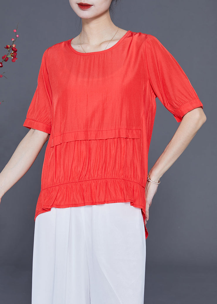 Red Patchwork Silk Shirt Top Wrinkled Button Short Sleeve