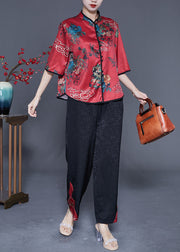 Red Patchwork Silk Two Pieces Set Mandarin Collar Print Half Sleeve