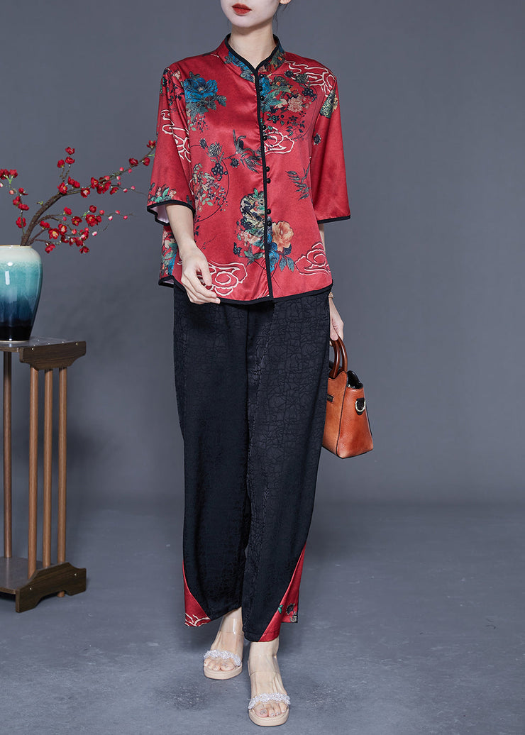 Red Patchwork Silk Two Pieces Set Mandarin Collar Print Half Sleeve