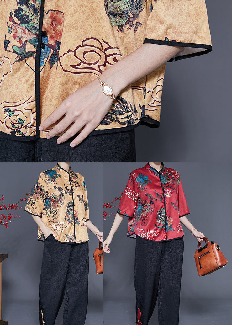 Red Patchwork Silk Two Pieces Set Mandarin Collar Print Half Sleeve