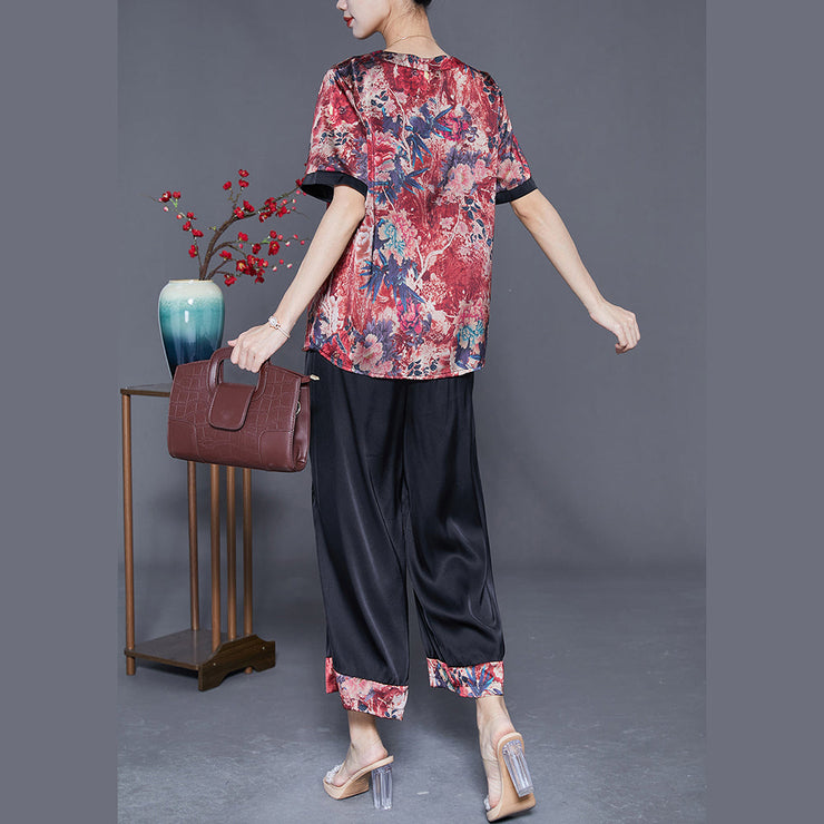 Red Patchwork Silk Women Sets 2 Pieces O-Neck Print Summer