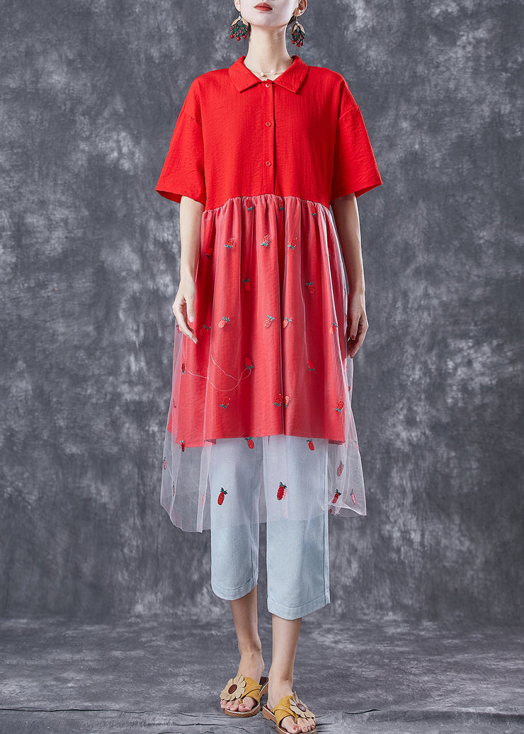 Red Patchwork Tulle Cotton Maxi Dresses Embroideried Summer