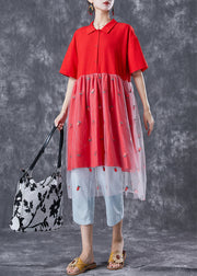 Red Patchwork Tulle Cotton Maxi Dresses Embroideried Summer