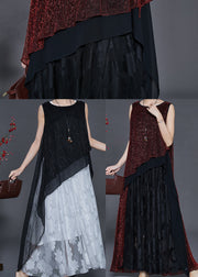 Red Patchwork Tulle Dresses Oversized Low High Design Summer