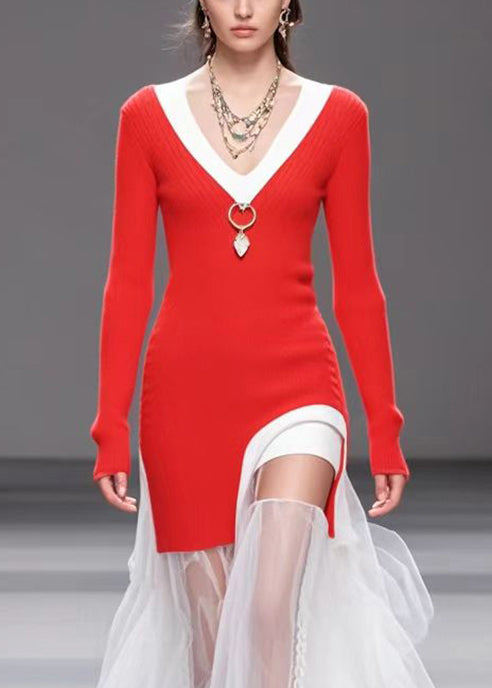 Red Patchwork Tulle Knit Wraped Dress Asymmetrical Fall