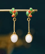 Red Pearl Alloy Inlaid Gem Stone Jade Drop Earrings