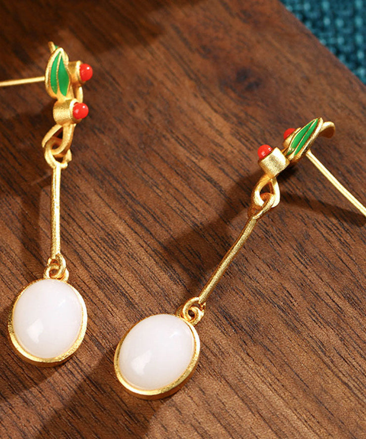 Red Pearl Alloy Inlaid Gem Stone Jade Drop Earrings