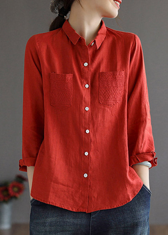 Red Peter Pan Collar Low High Design Linen Shirt Long Sleeve