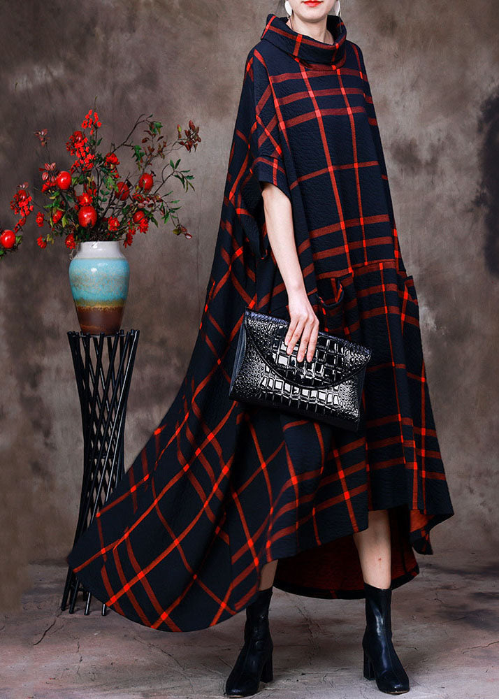 Red Plaid Cotton Long Dress Asymmetrical Design Pockets Short Sleeve