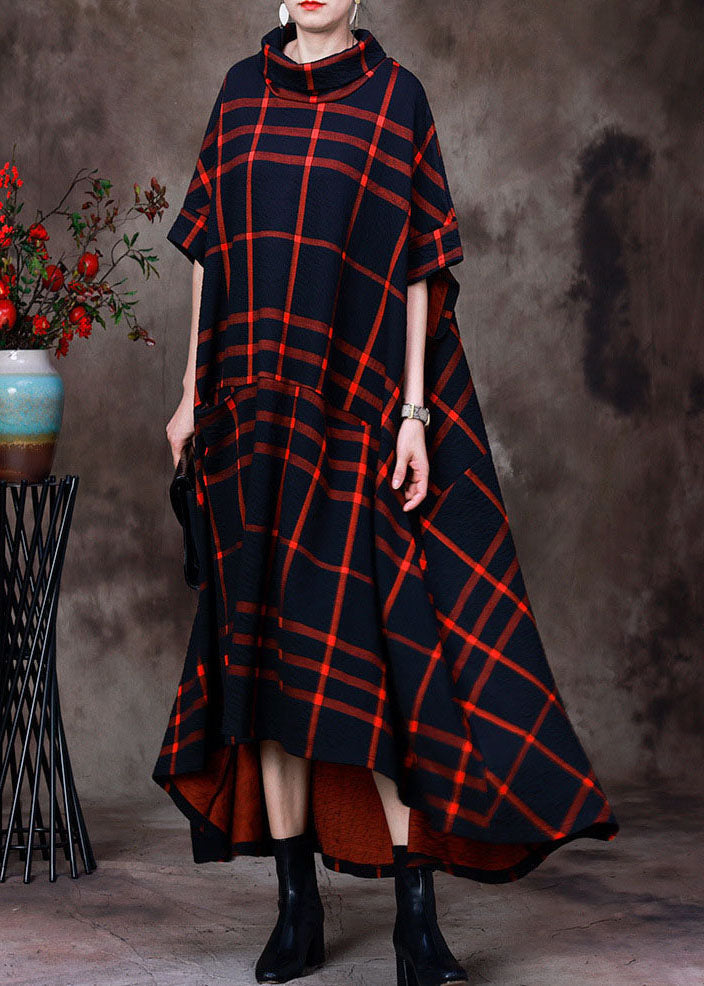 Red Plaid Cotton Long Dress Asymmetrical Design Pockets Short Sleeve