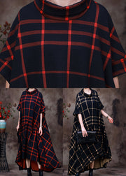 Red Plaid Cotton Long Dress Asymmetrical Design Pockets Short Sleeve