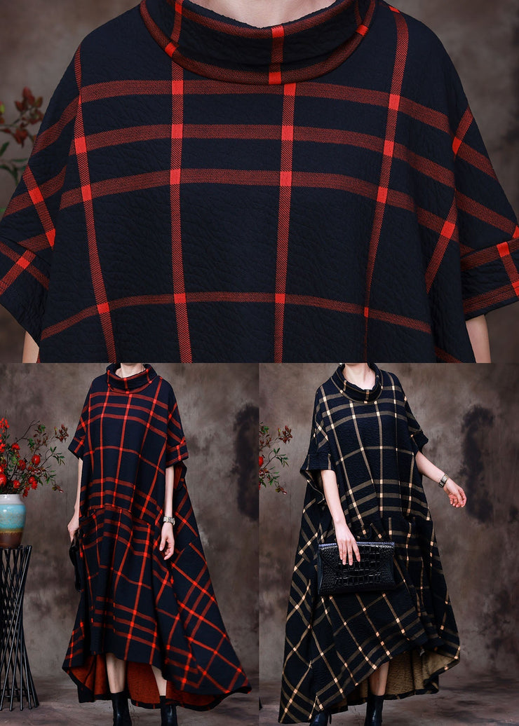 Red Plaid Cotton Long Dress Asymmetrical Design Pockets Short Sleeve