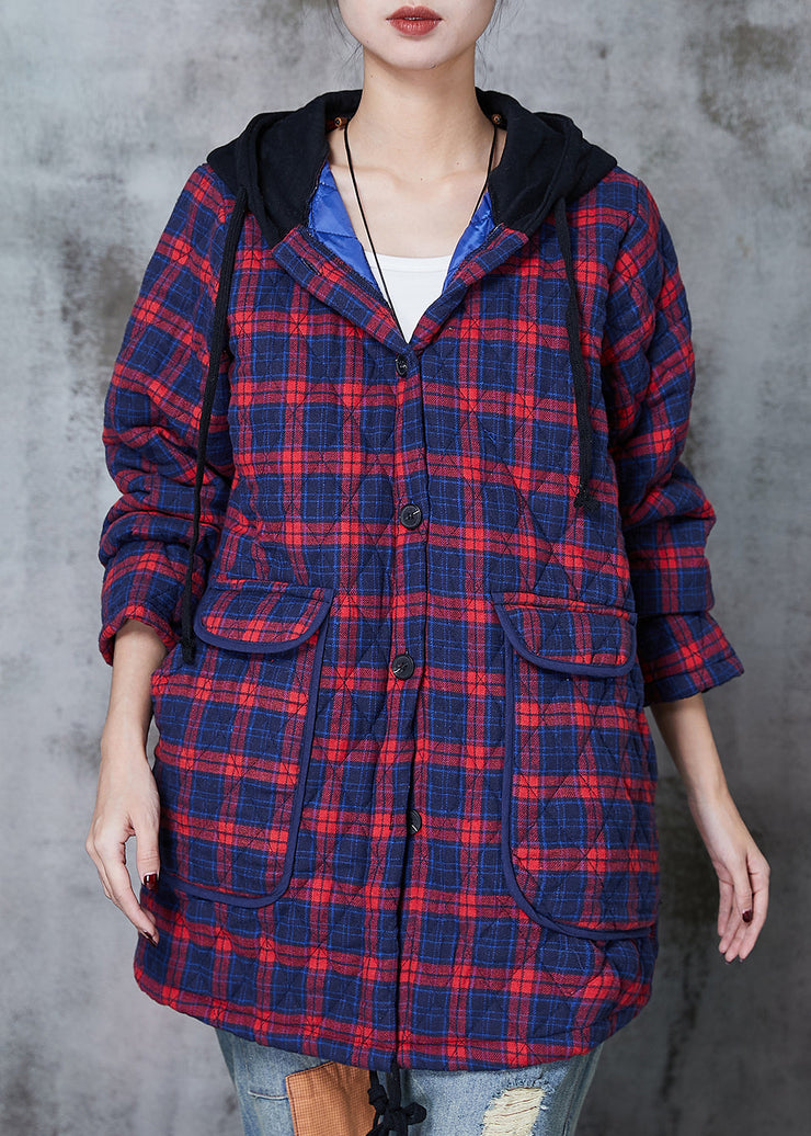 Red Plaid Fine Cotton Filled Coat Hooded Pockets Spring