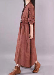 Red Plaid Patchwork Cotton Long Dress O Neck Stand Collar Fall