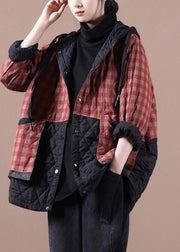 Red Plaid Patchwork Women Winter Parkas