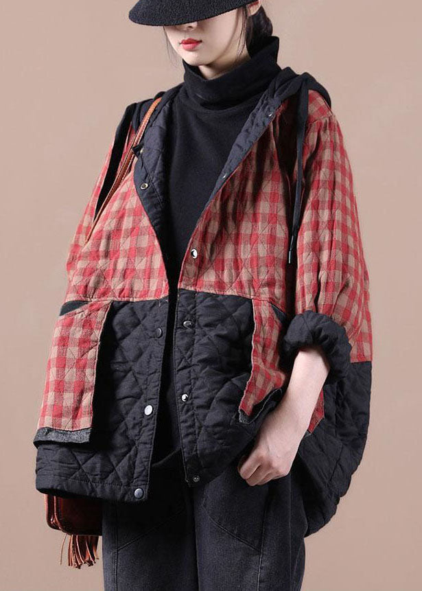 Unique Black Plaid Oversized Fine Parka Hoodies Outwear Winter Jacket