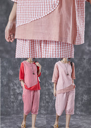 Red Plaid Patchwork Linen Two-Piece Set Chinese Button Summer