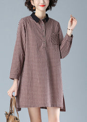 Red Plaid Peter Pan Collar Button Cotton Mid Dress Fall