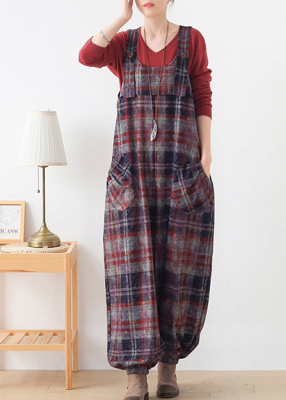 Red Plaid Pockets Woolen Jumpsuit Pants Fall