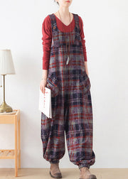 Red Plaid Pockets Woolen Jumpsuit Pants Fall