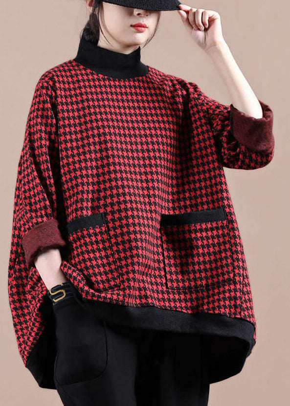 Red Plaid Turtleneck Pocket Tops Long Sleeve