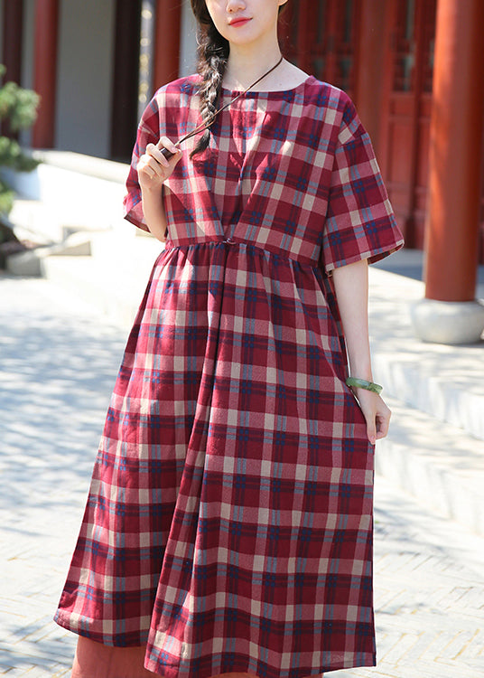 Red Plaid Wrinkled Patchwork Cotton Dresses O Neck Half Sleeve