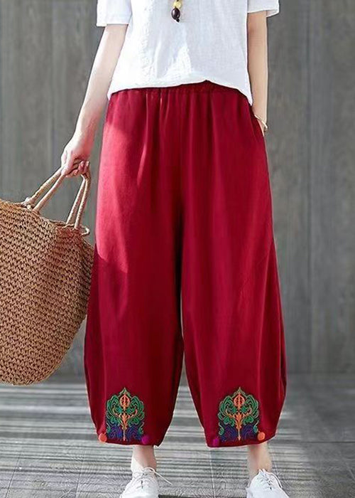 Red Pockets High Waist Cotton Crop Pants Embroidered