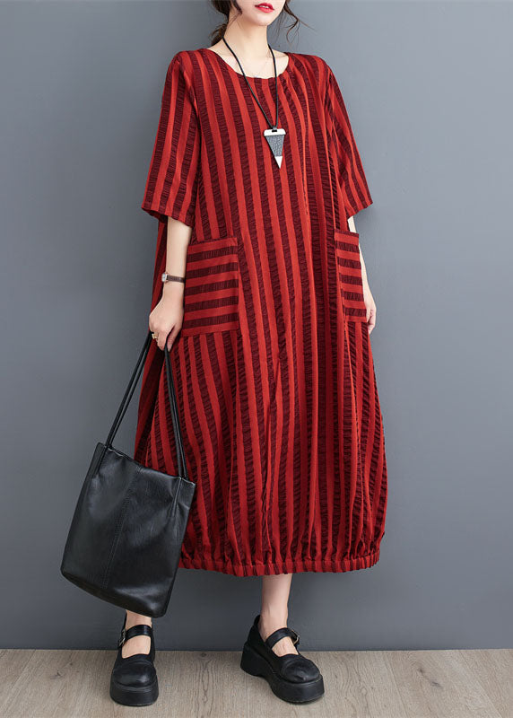 Red Pockets Patchwork Cotton Dresses O Neck Striped Summer