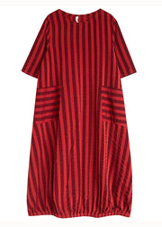 Red Pockets Patchwork Cotton Dresses O Neck Striped Summer