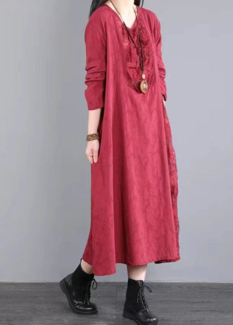 Red Pockets Patchwork Cotton Long Dress V Neck Lace Hollow Out Fall