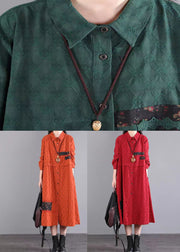 Red Pockets Patchwork Cotton Shirts Dresses Peter Pan Collar Fall