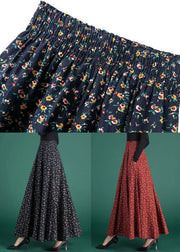 Red Pockets Patchwork Cotton Skirts High Waist Fall