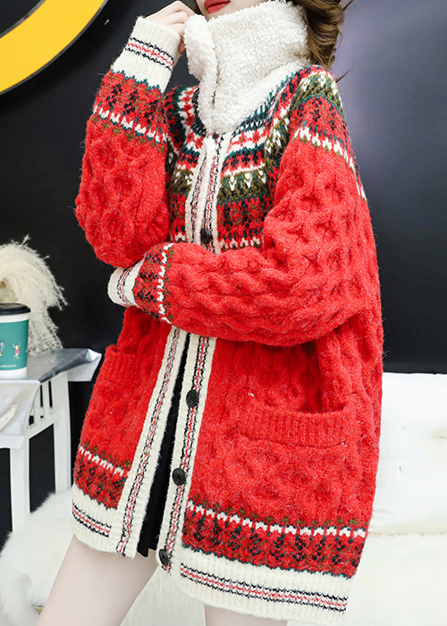 Red Pockets Patchwork Cozy Thick Coat Peter Pan Collar Winter