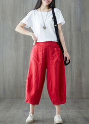 Red Pockets Patchwork Linen Crop Pants Elastic Waist Summer