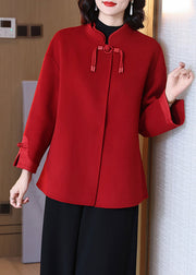 Red Pockets Patchwork Wool Coat Stand Collar Spring