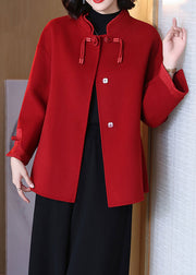 Red Pockets Patchwork Wool Coat Stand Collar Spring