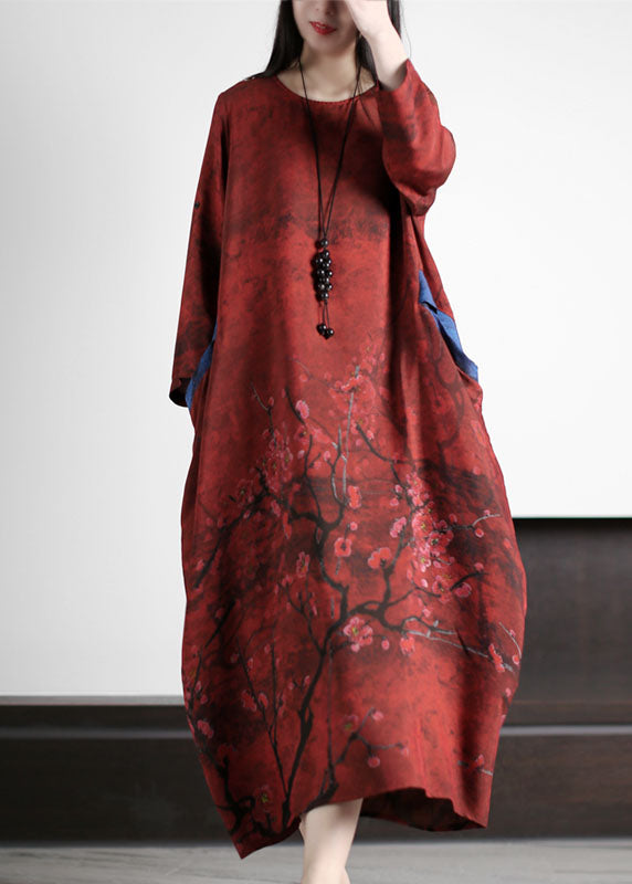 Red Pockets Print Patchwork Silk Long Dresses O Neck Summer