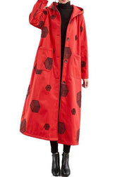 Red Pockets Print Patchwork Warm Fleece Hoodie Coat Winter