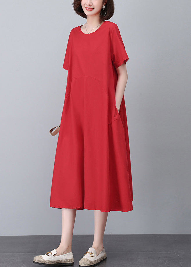 Red Pockets Solid Cotton Dress O Neck Short Sleeve