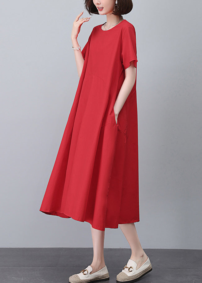 Red Pockets Solid Cotton Dress O Neck Short Sleeve