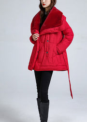 Red Pockets Tie Waist Stylish Duck Down Puffer Jacket Winter