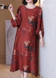 Red Print Button Silk Long Dress O Neck Half Sleeve