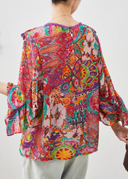 Red Print Chiffon Blouse Top Ruffled Lantern Sleeve