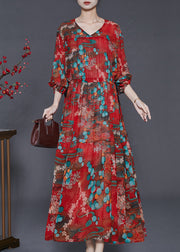 Red Print Chiffon Dress Cinched Exra Large Hem Spring