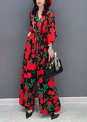 Red Print Chiffon Jumpsuit V Neck Tie Waist Summer