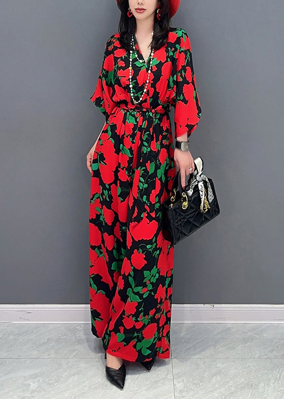 Red Print Chiffon Jumpsuit V Neck Tie Waist Summer