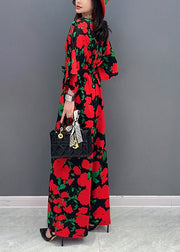 Red Print Chiffon Jumpsuit V Neck Tie Waist Summer