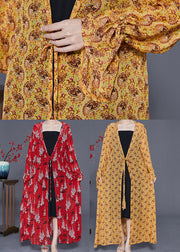 Red Print Chiffon Long Cardigan Hooded Tie Waist Summer